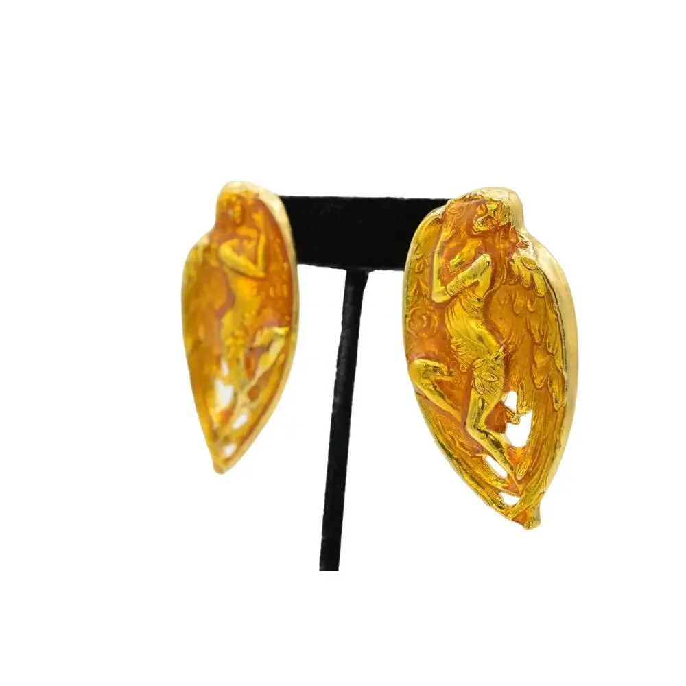 Vintage Statement Woman Abstract Enamel Earrings Angel Chunky NOS 80s 1980s 9L